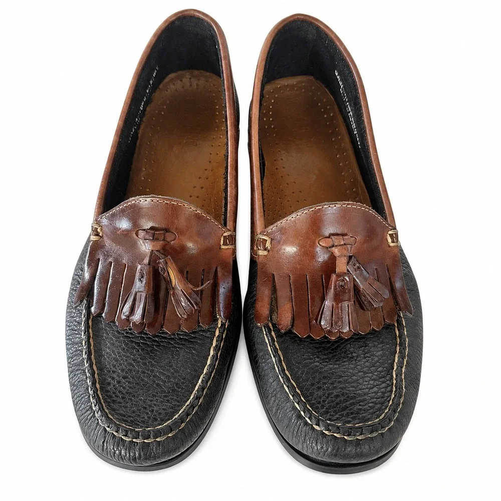 Bass Weejuns Kiltie Tassel Loafers Men 9.5 Black Brown Pebbled Leather Slip On